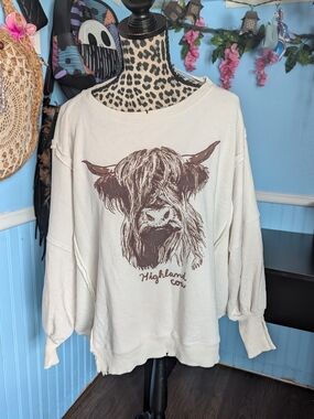 Free People Cream Camden Sweatshirt with Brown Highland Cow Graphic